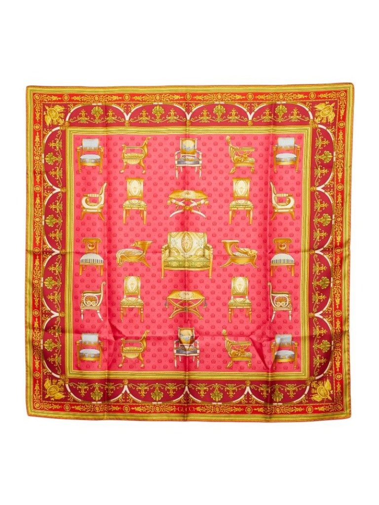 Gucci Chair Pattern Scarf Pink Multicolor Silk